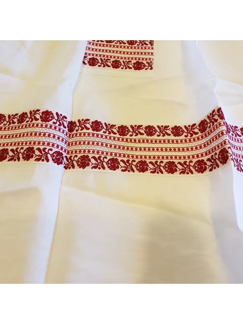 Vintage Chiffon Apron Red Woven Ribbon Lace Accents Pocket Kitsch Organdy